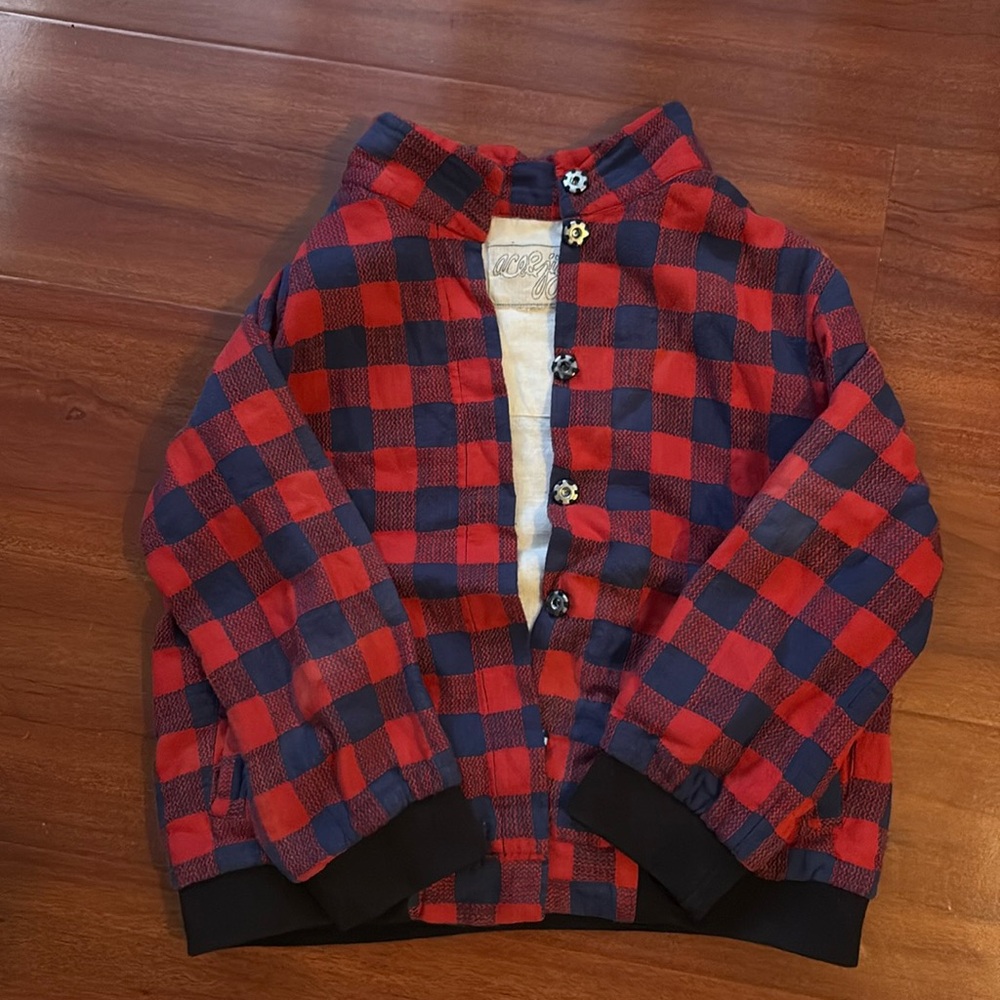 ace & jig red/navy buffalo plaid bomber jacket small medium